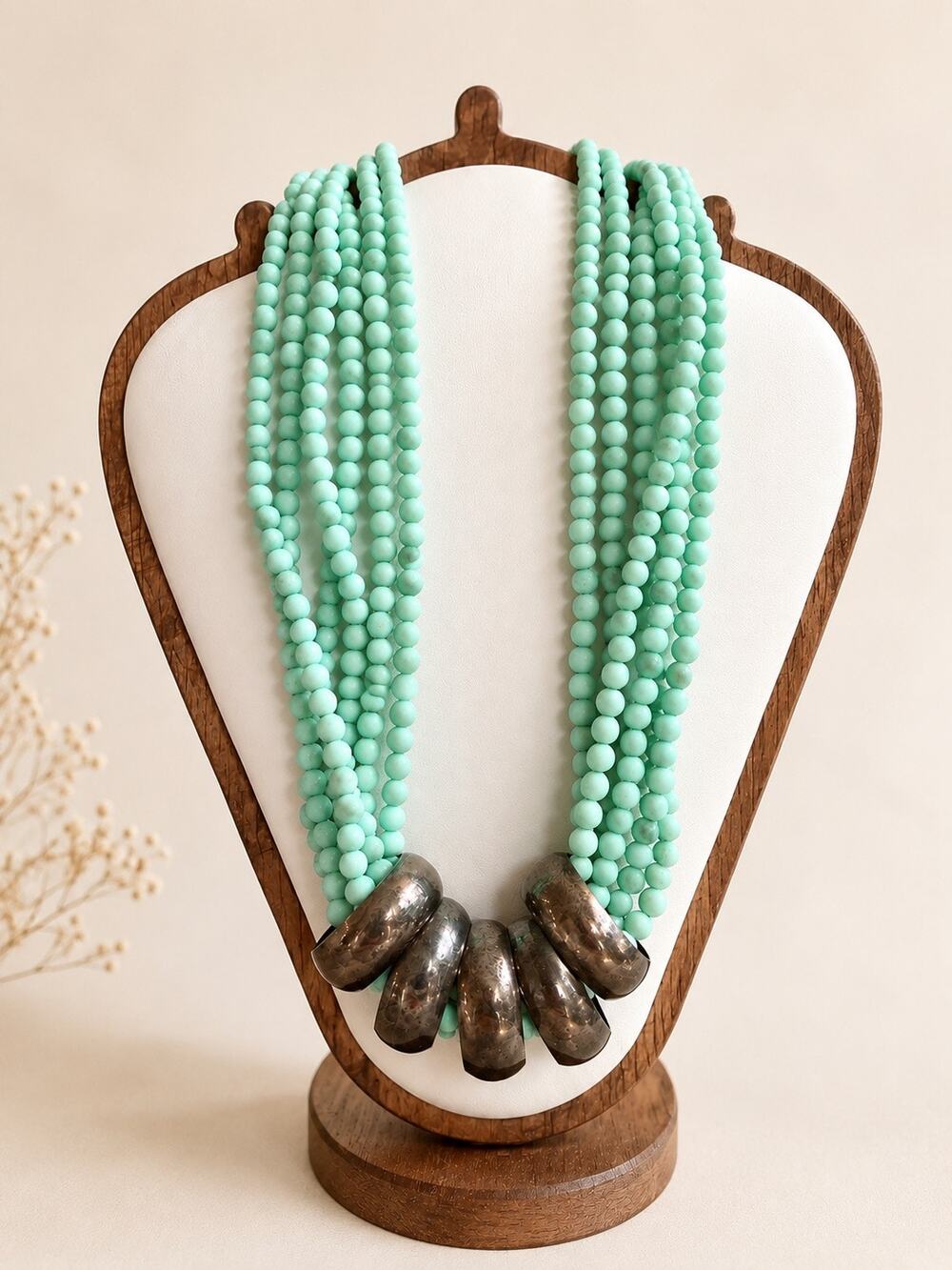 Vintage Mint Green Multi Strand Beaded Statement Necklace Chunky Silver Tone